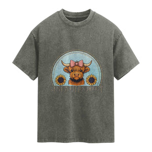 Just A Little Moody Washed Cotton T-Shirt Funny Sarcasm Highland Cattle