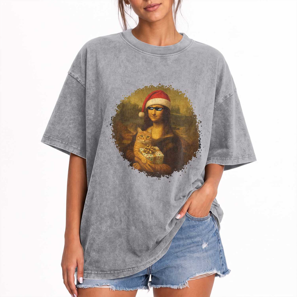 Chritsmas Mona Lisa Washed Cotton T-Shirt Funny Holiday Kitty Lover