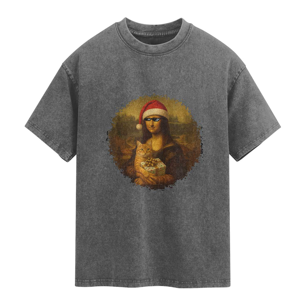 Chritsmas Mona Lisa Washed Cotton T-Shirt Funny Holiday Kitty Lover