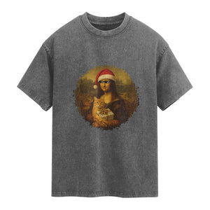 Chritsmas Mona Lisa Washed Cotton T-Shirt Funny Holiday Kitty Lover