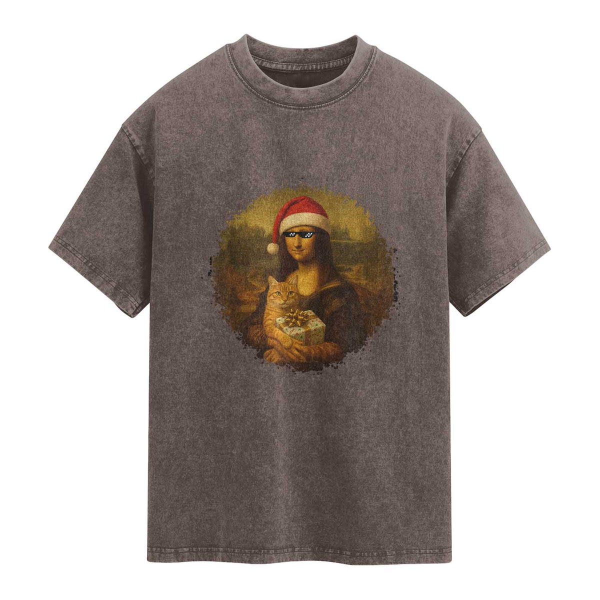 Chritsmas Mona Lisa Washed Cotton T-Shirt Funny Holiday Kitty Lover