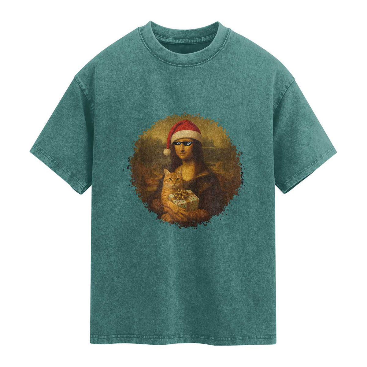 Chritsmas Mona Lisa Washed Cotton T-Shirt Funny Holiday Kitty Lover