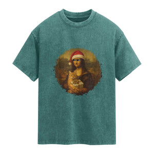 Chritsmas Mona Lisa Washed Cotton T-Shirt Funny Holiday Kitty Lover