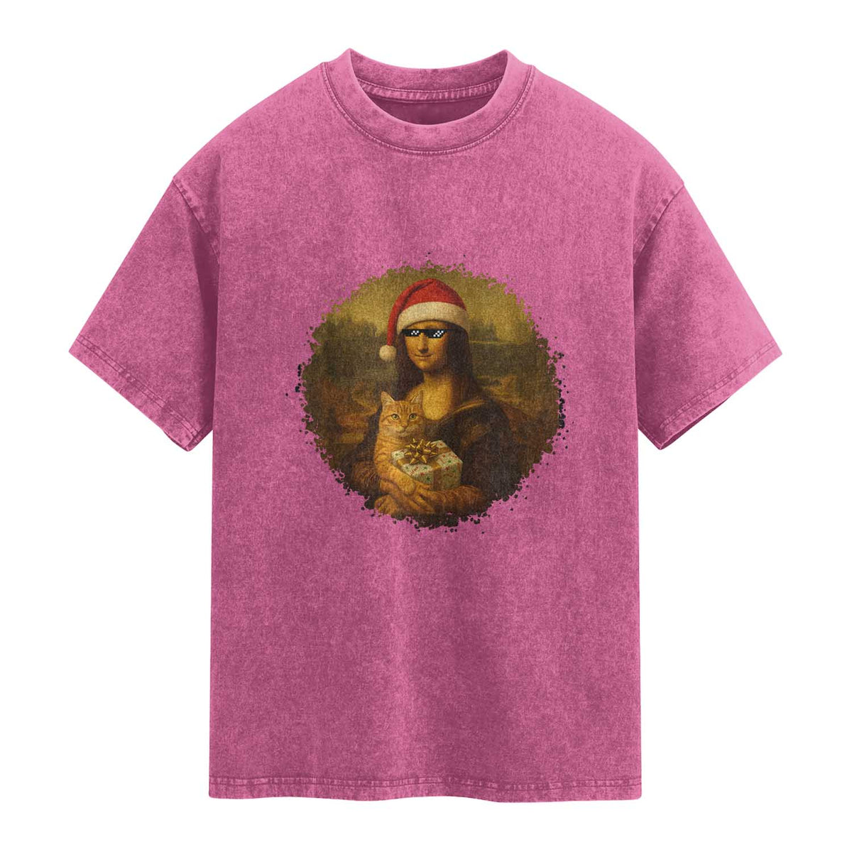 Chritsmas Mona Lisa Washed Cotton T-Shirt Funny Holiday Kitty Lover