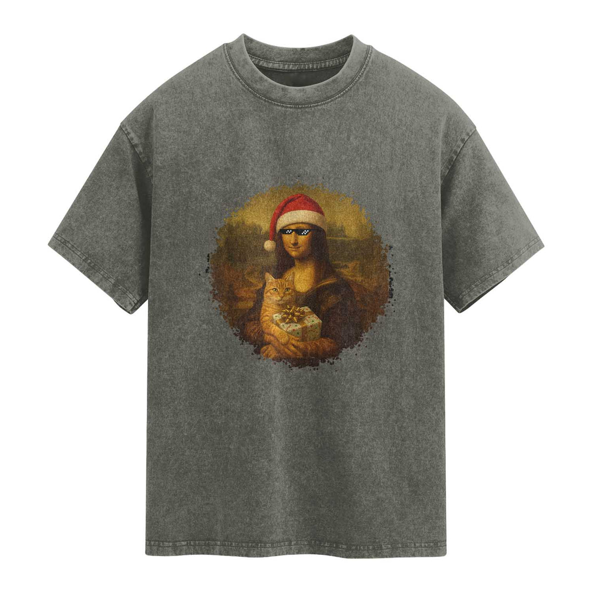 Chritsmas Mona Lisa Washed Cotton T-Shirt Funny Holiday Kitty Lover