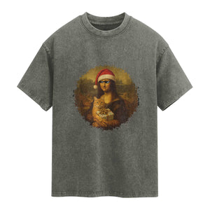 Chritsmas Mona Lisa Washed Cotton T-Shirt Funny Holiday Kitty Lover