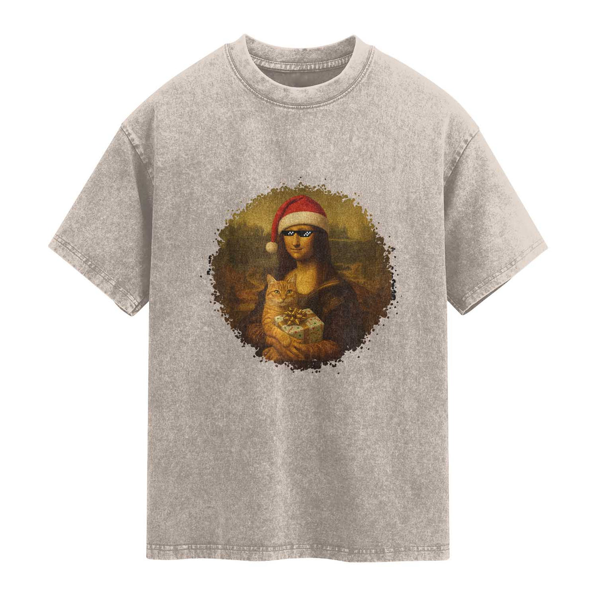 Chritsmas Mona Lisa Washed Cotton T-Shirt Funny Holiday Kitty Lover