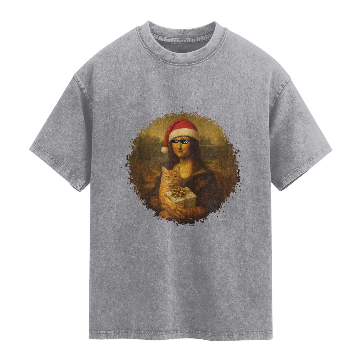 Chritsmas Mona Lisa Washed Cotton T-Shirt Funny Holiday Kitty Lover