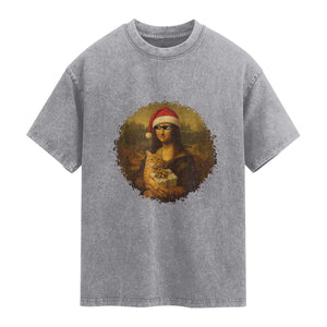 Chritsmas Mona Lisa Washed Cotton T-Shirt Funny Holiday Kitty Lover