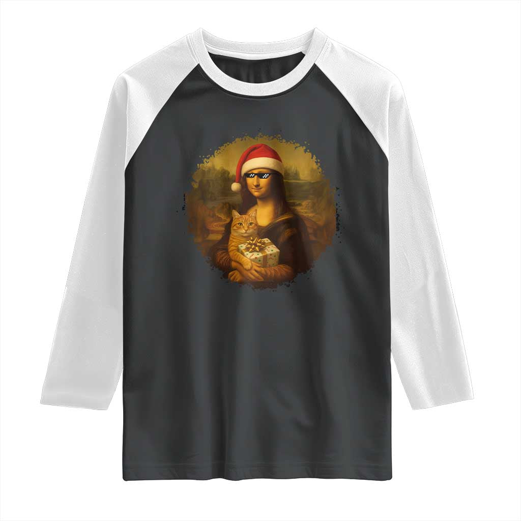 Chritsmas Mona Lisa Raglan Shirt Funny Holiday Kitty Lover TS12 Black White Print Your Wear