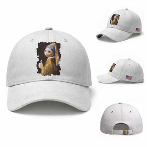 Funny Cat With A Pearl Earring Parody Art Baseball Cap TS12 Baseball Cap Universal Fit White Print Your Wear