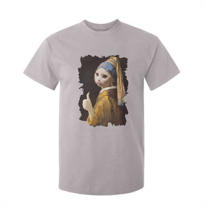 Funny Cat With A Pearl Earring Parody Art T Shirt For Kid TS12 Ice Gray Print Your Wear