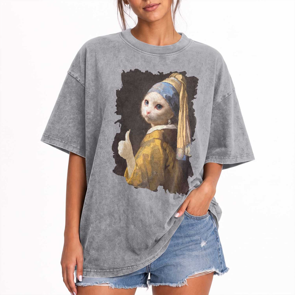Funny Cat With A Pearl Earring Parody Art Washed Cotton T-Shirt