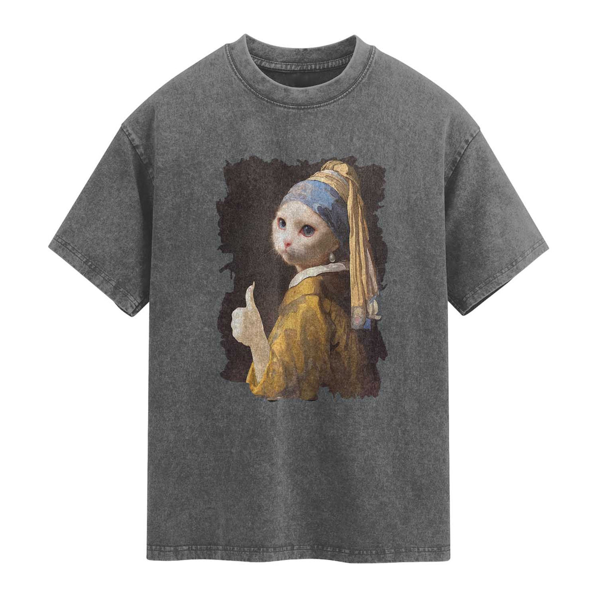 Funny Cat With A Pearl Earring Parody Art Washed Cotton T-Shirt