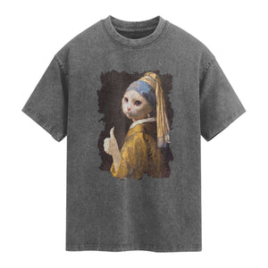 Funny Cat With A Pearl Earring Parody Art Washed Cotton T-Shirt