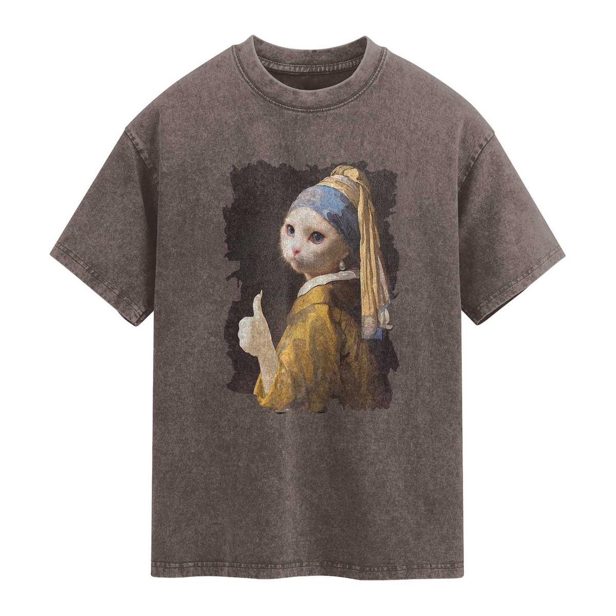 Funny Cat With A Pearl Earring Parody Art Washed Cotton T-Shirt
