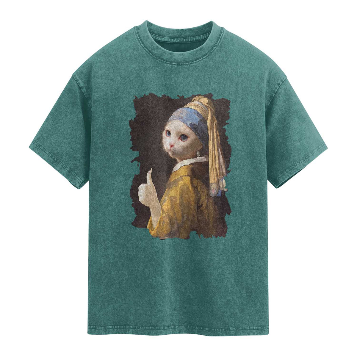 Funny Cat With A Pearl Earring Parody Art Washed Cotton T-Shirt