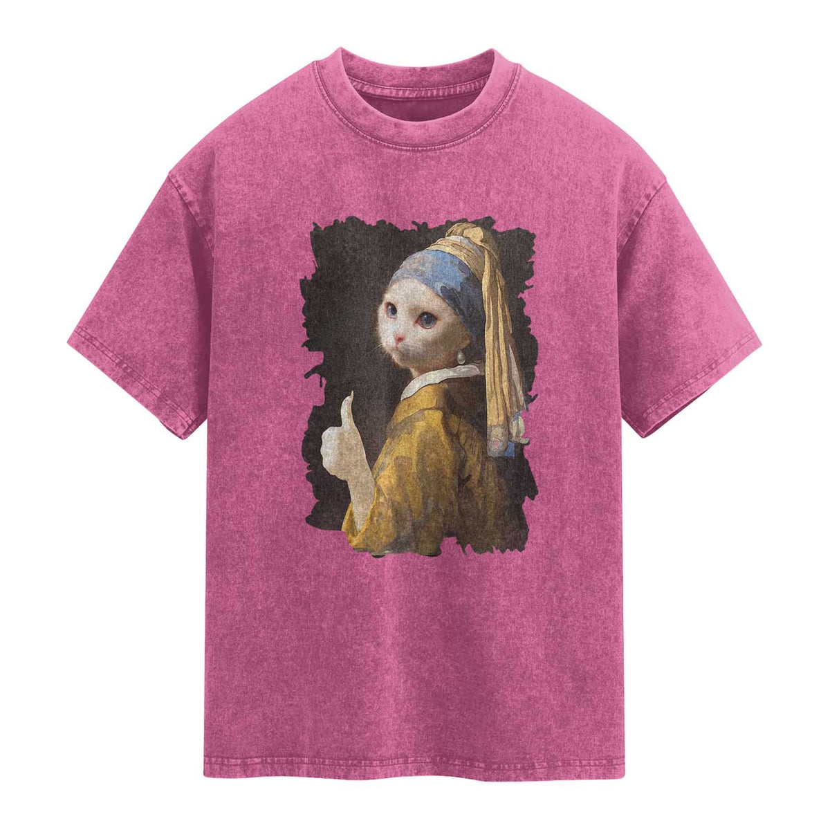 Funny Cat With A Pearl Earring Parody Art Washed Cotton T-Shirt