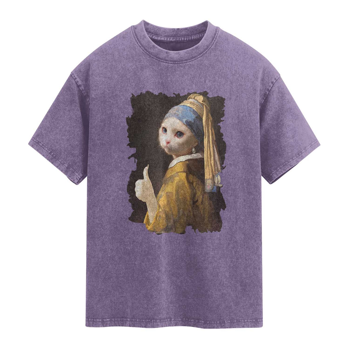 Funny Cat With A Pearl Earring Parody Art Washed Cotton T-Shirt