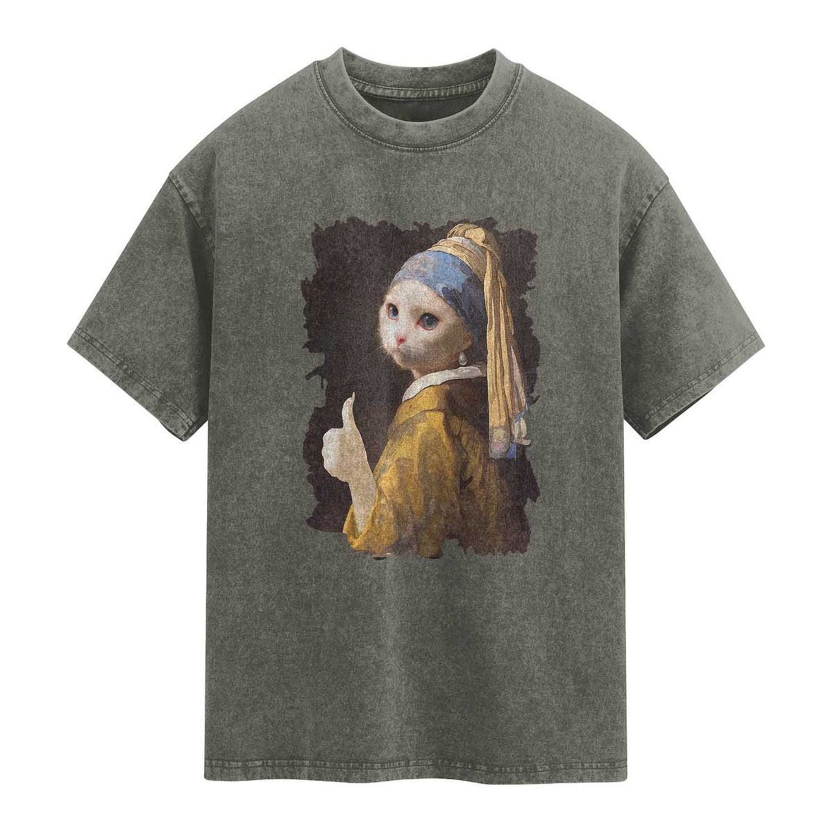 Funny Cat With A Pearl Earring Parody Art Washed Cotton T-Shirt