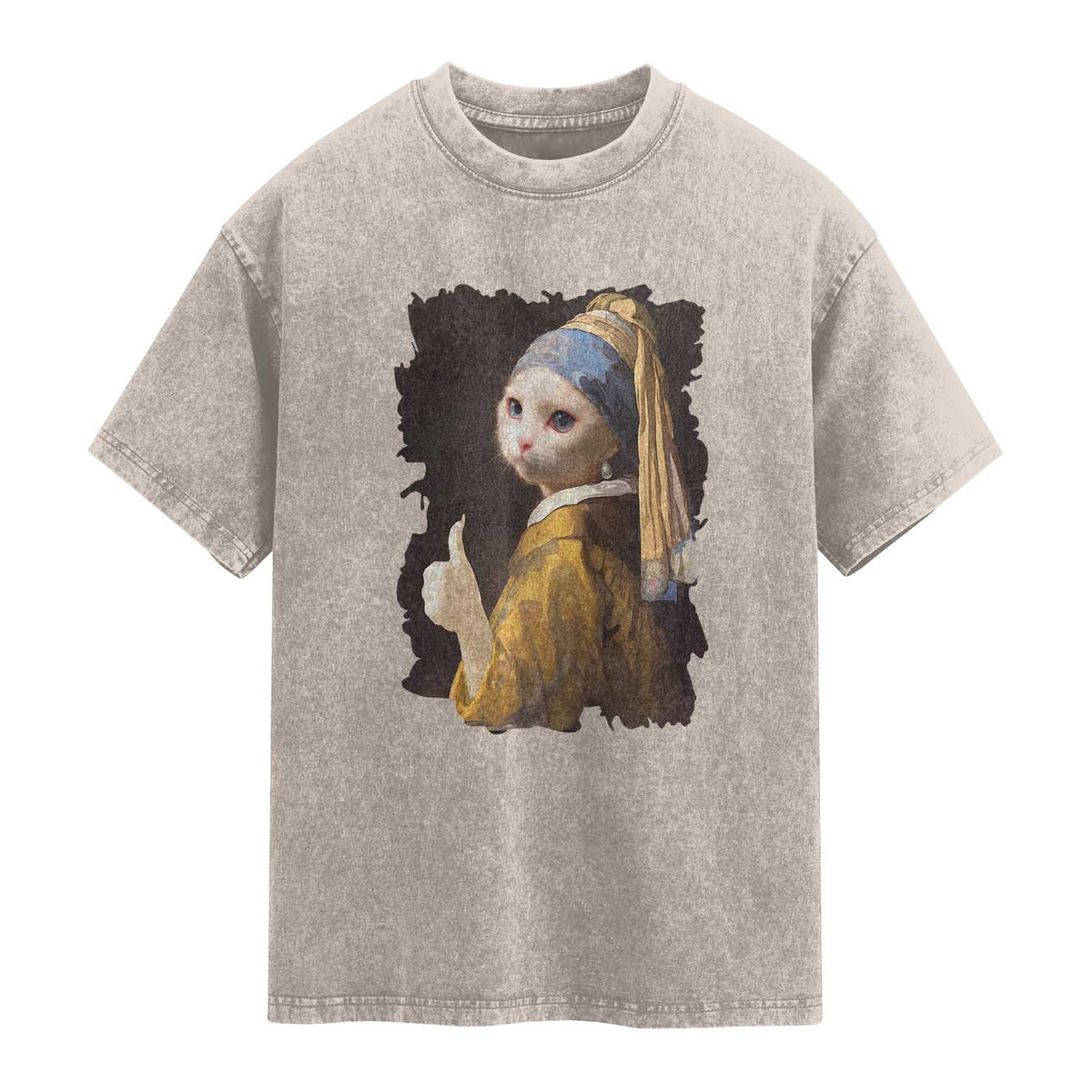 Funny Cat With A Pearl Earring Parody Art Washed Cotton T-Shirt