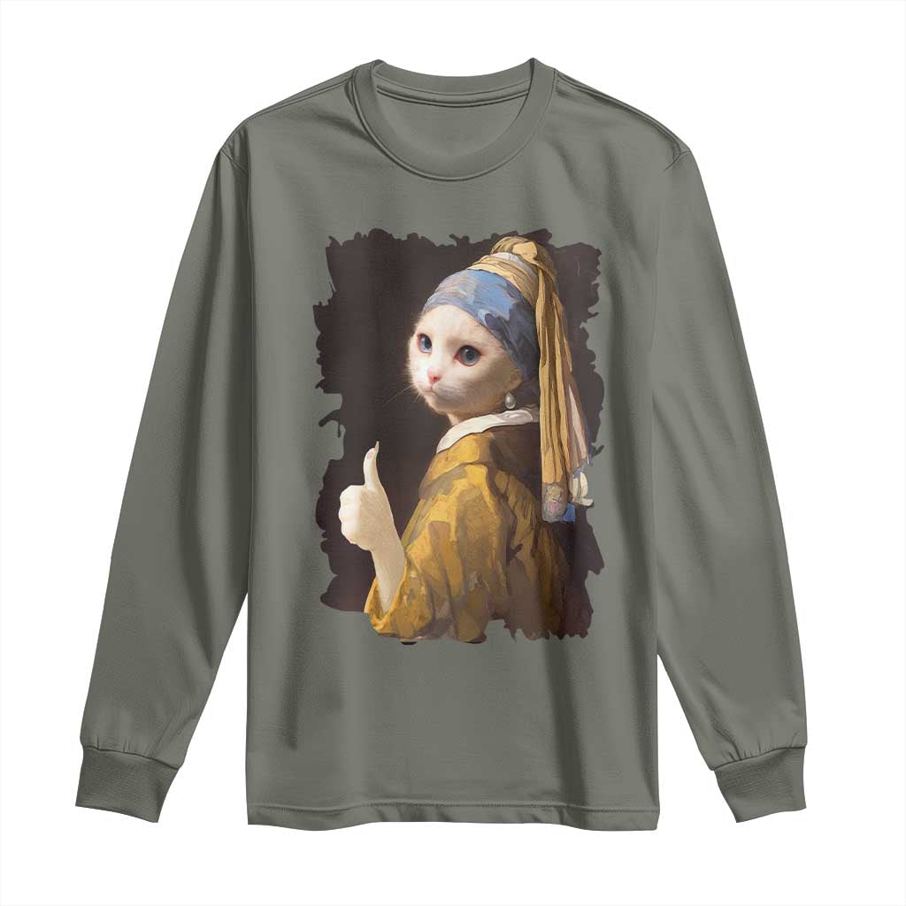 Funny Cat With A Pearl Earring Parody Art Long Sleeve Shirt TS12 Military Green Print Your Wear