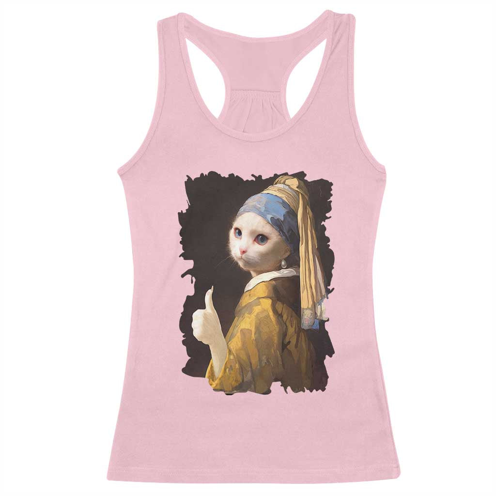 Funny Cat With A Pearl Earring Parody Art Racerback Tank Top TS12 Light Pink Print Your Wear
