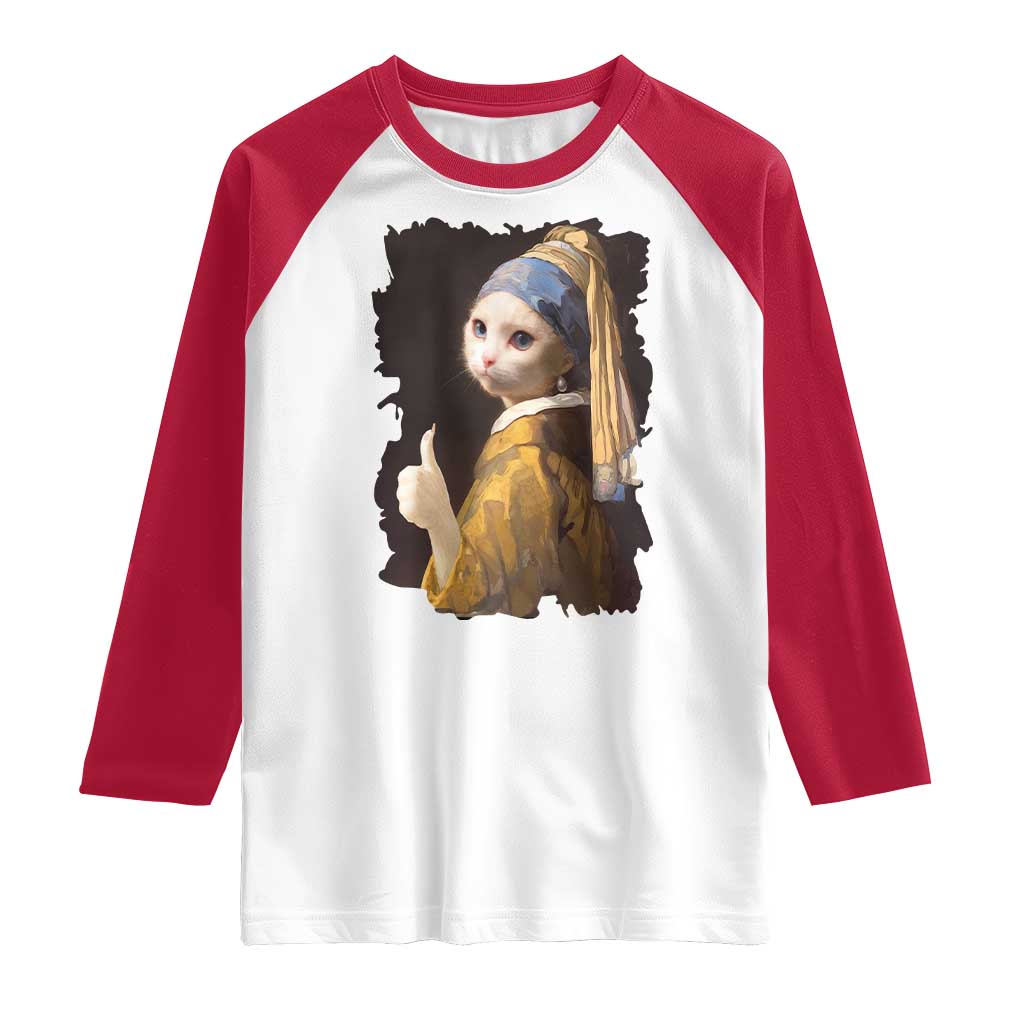 Funny Cat With A Pearl Earring Parody Art Raglan Shirt TS12 White Red Print Your Wear