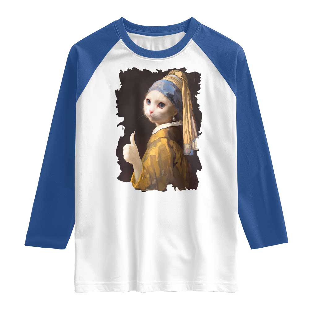 Funny Cat With A Pearl Earring Parody Art Raglan Shirt TS12 White Royal Print Your Wear