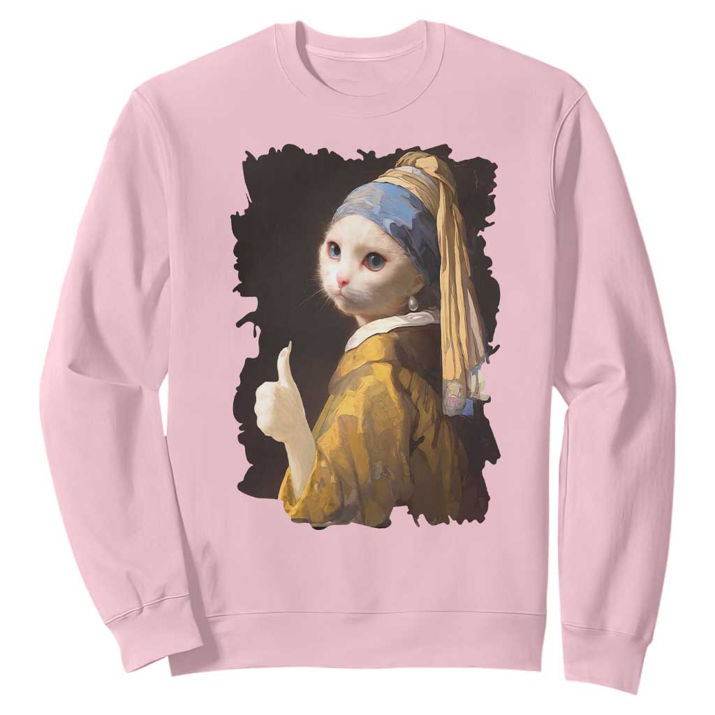 Funny Cat With A Pearl Earring Parody Art Sweatshirt TS12 Light Pink Print Your Wear