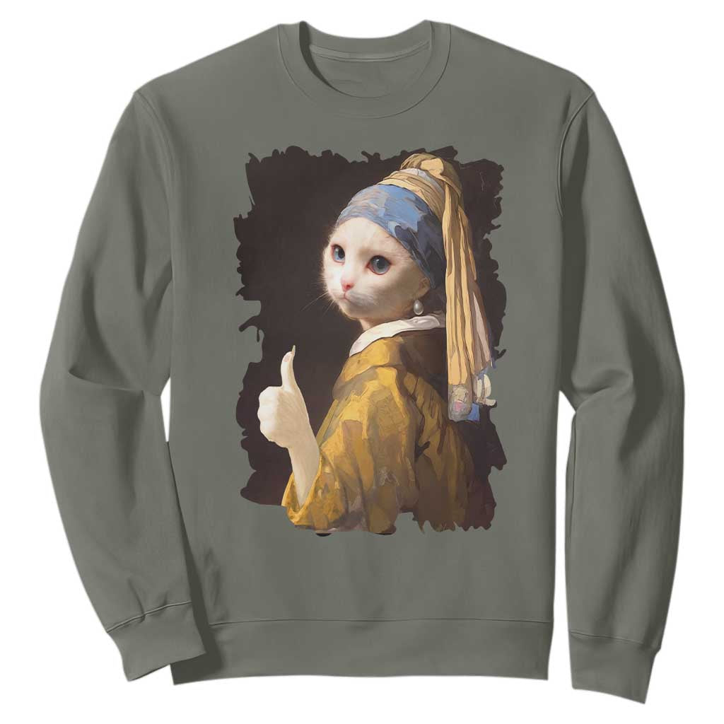 Funny Cat With A Pearl Earring Parody Art Sweatshirt TS12 Military Green Print Your Wear