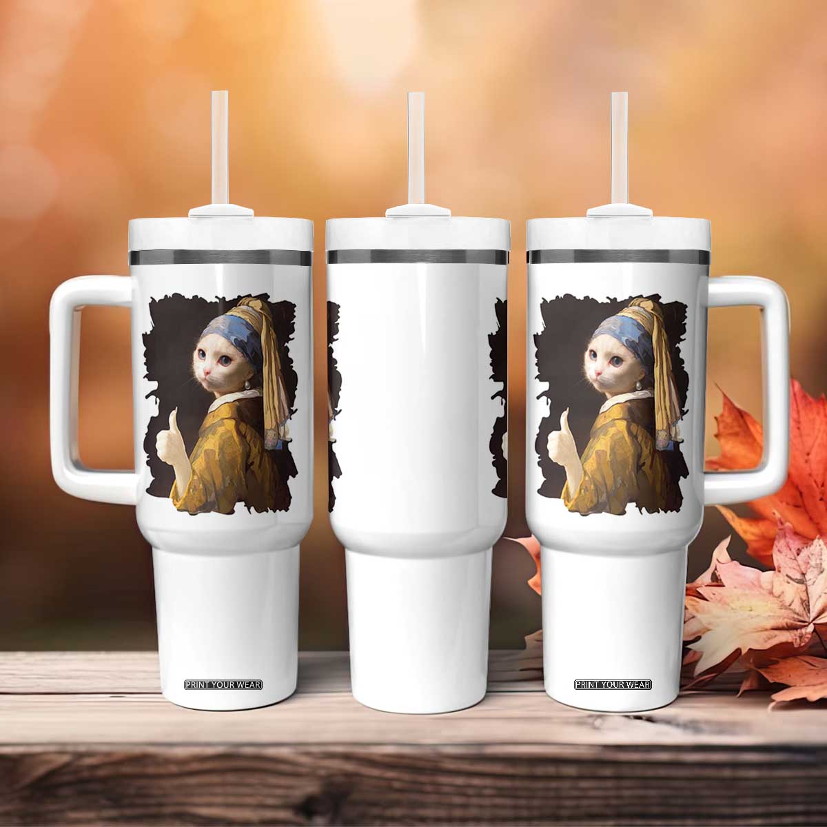 Funny Cat With A Pearl Earring Parody Art Tumbler With Handle TS12 Print Your Wear