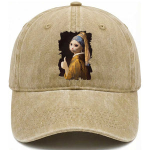 Funny Cat With A Pearl Earring Parody Art Washed Cotton Baseball Cap TS12 Print Your Wear
