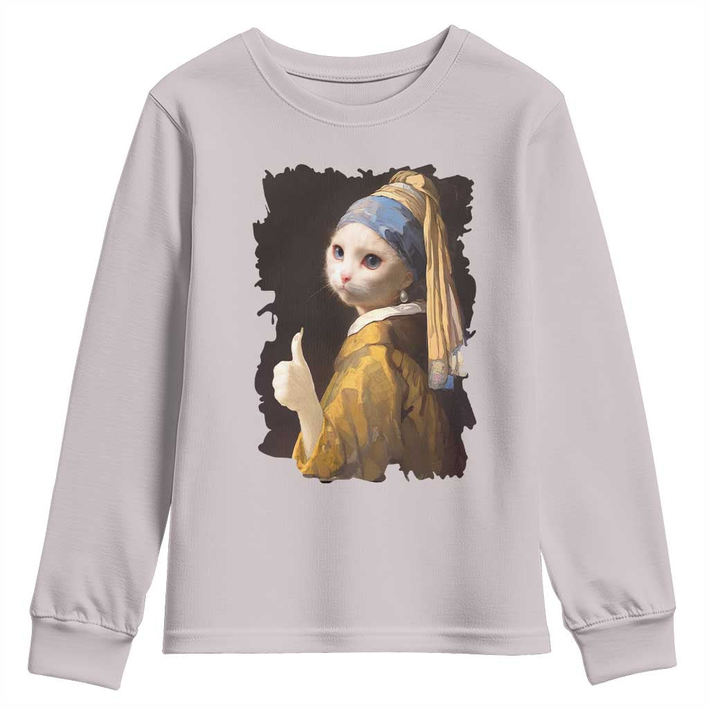 Funny Cat With A Pearl Earring Parody Art Youth Sweatshirt TS12 Ice Gray Print Your Wear