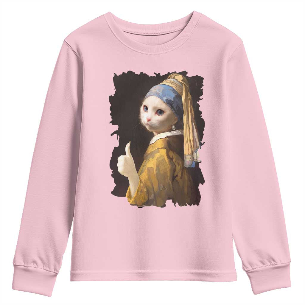 Funny Cat With A Pearl Earring Parody Art Youth Sweatshirt TS12 Light Pink Print Your Wear