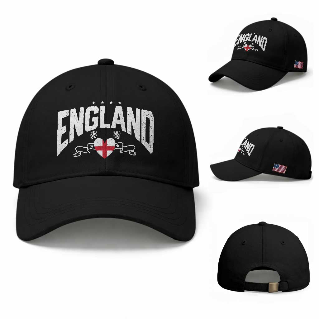 England Flag Heart Baseball Cap Patriotic English Pride Graphic Gift TS12 Baseball Cap Universal Fit Black Print Your Wear