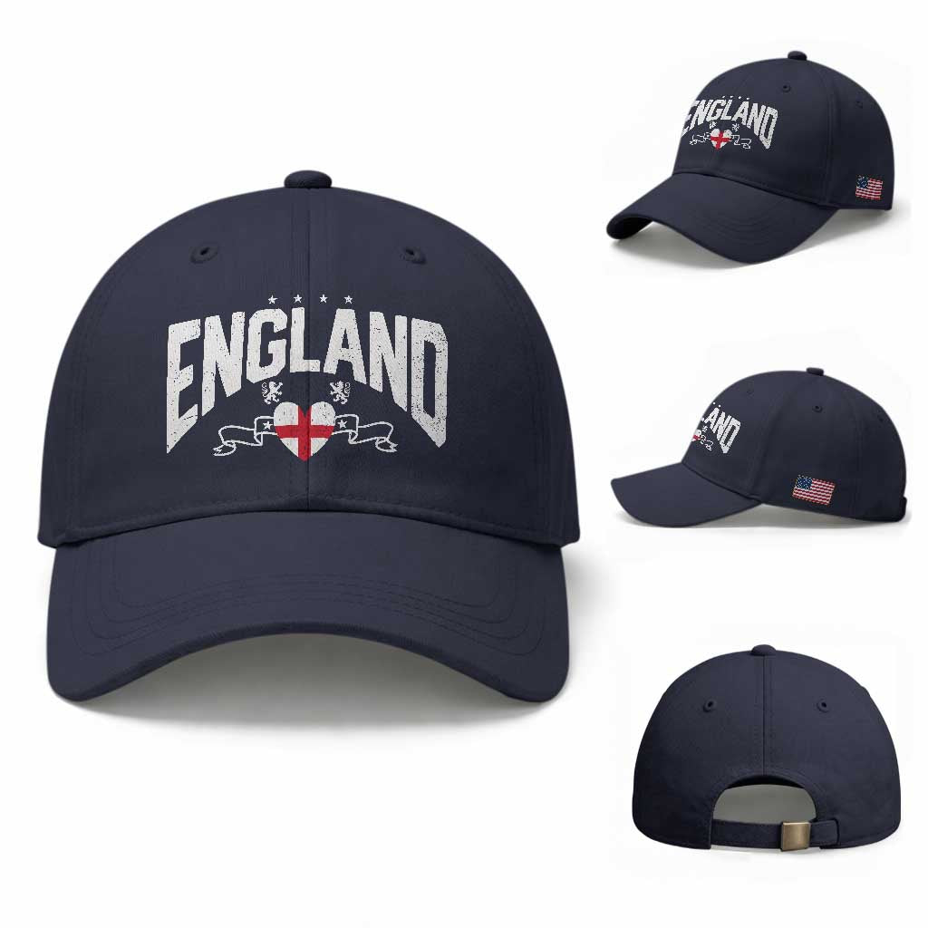 England Flag Heart Baseball Cap Patriotic English Pride Graphic Gift TS12 Baseball Cap Universal Fit Navy Print Your Wear