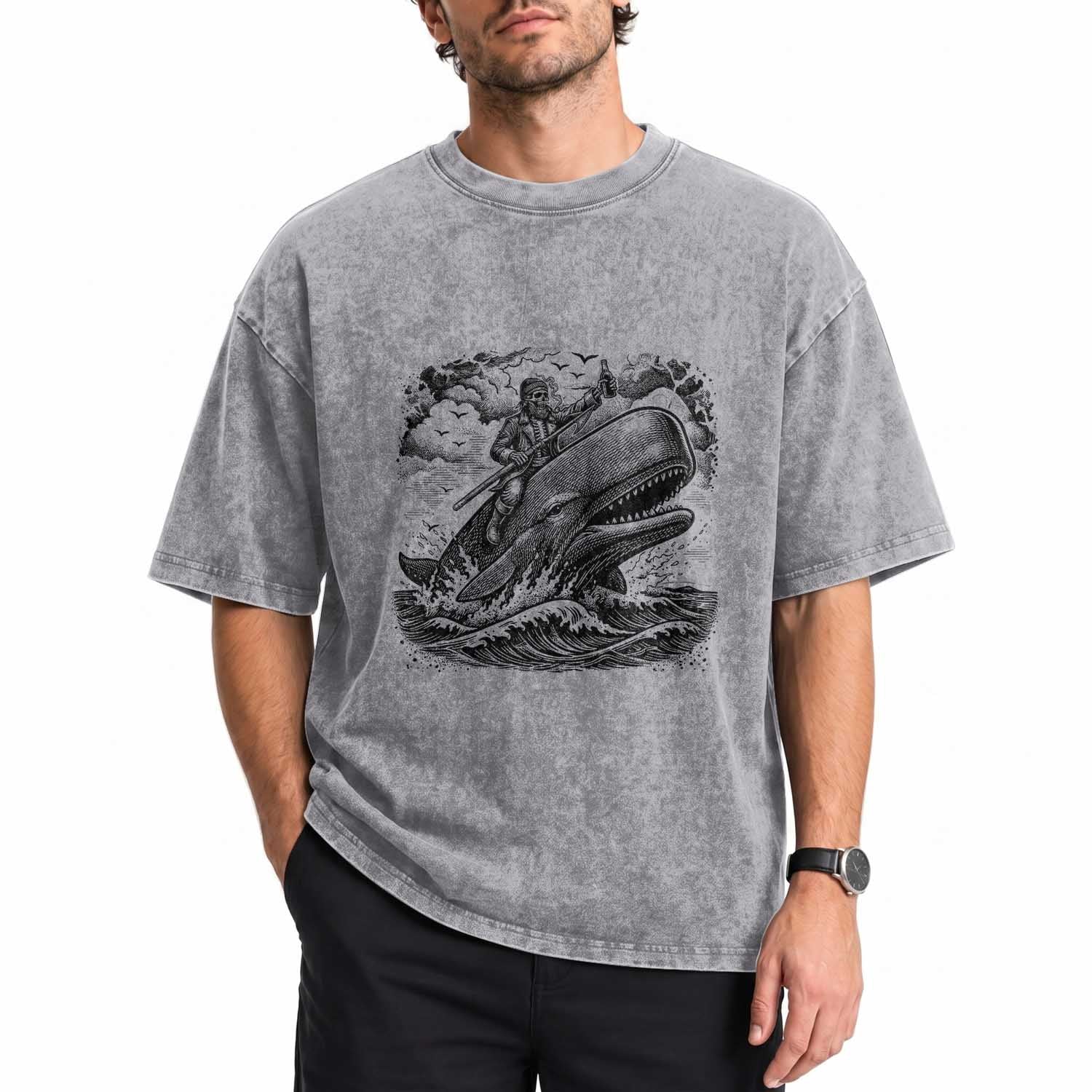 Funny Skeleton Whale Rider Washed Cotton T-Shirt Dark Maritime Gothic Vintage Nautical Graphic