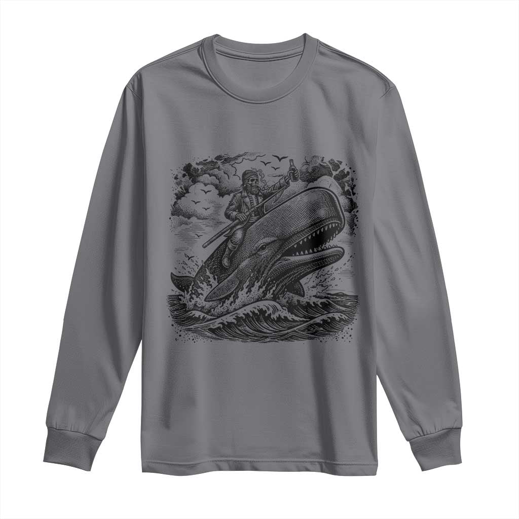 Funny Skeleton Whale Rider Long Sleeve Shirt Dark Maritime Gothic Vintage Nautical Graphic TS12 Charcoal Print Your Wear