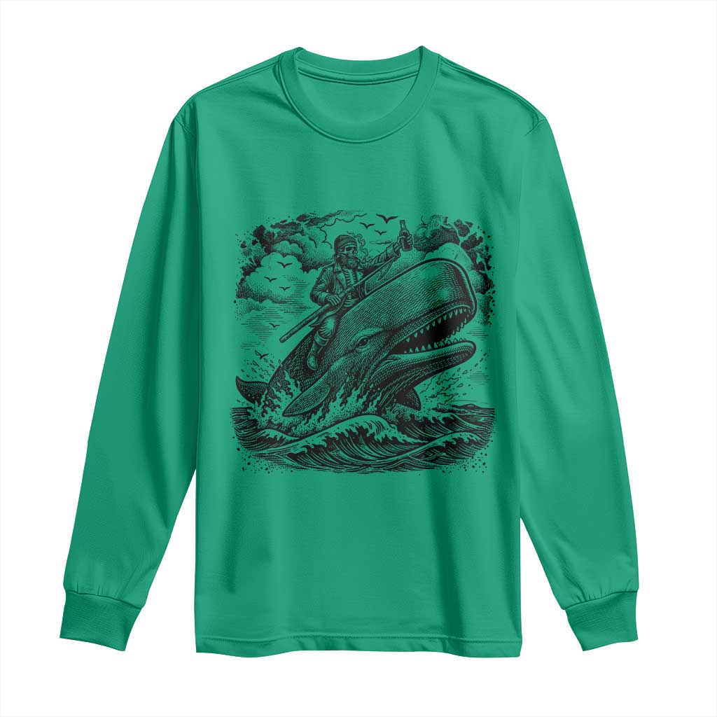 Funny Skeleton Whale Rider Long Sleeve Shirt Dark Maritime Gothic Vintage Nautical Graphic TS12 Irish Green Print Your Wear