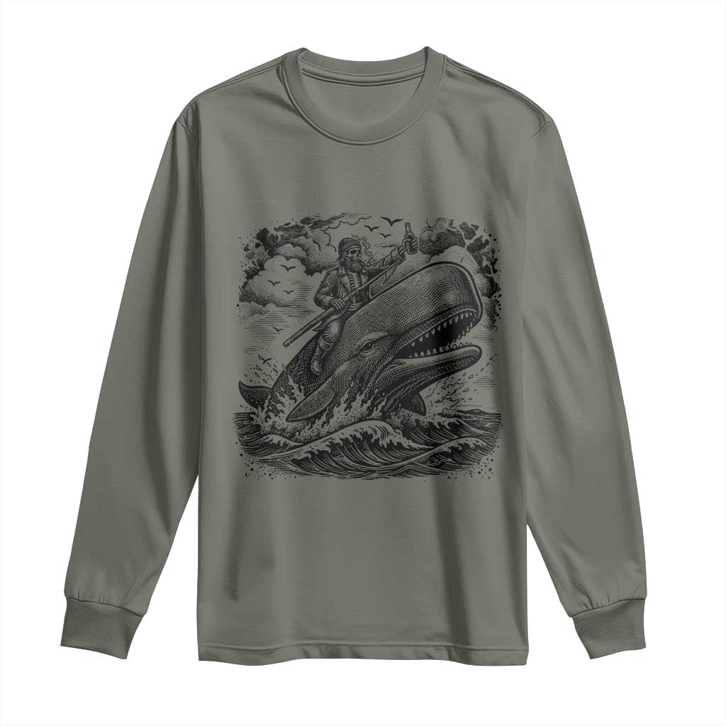 Funny Skeleton Whale Rider Long Sleeve Shirt Dark Maritime Gothic Vintage Nautical Graphic TS12 Military Green Print Your Wear
