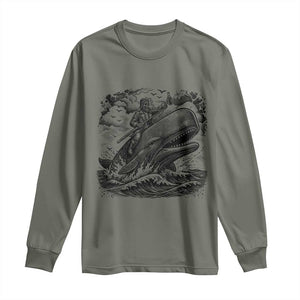 Funny Skeleton Whale Rider Long Sleeve Shirt Dark Maritime Gothic Vintage Nautical Graphic TS12 Military Green Print Your Wear