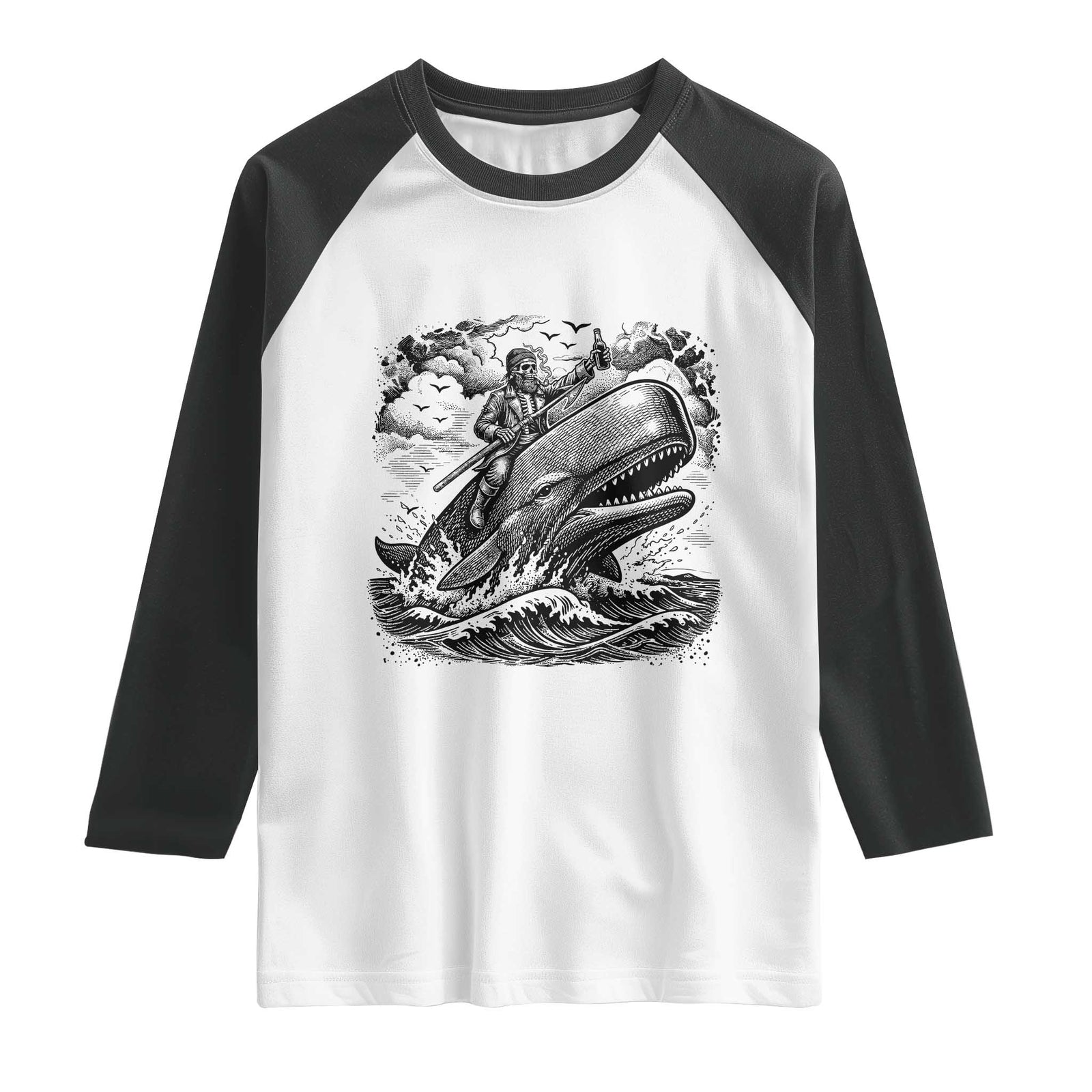 Funny Skeleton Whale Rider Raglan Shirt Dark Maritime Gothic Vintage Nautical Graphic TS12 White Black Print Your Wear