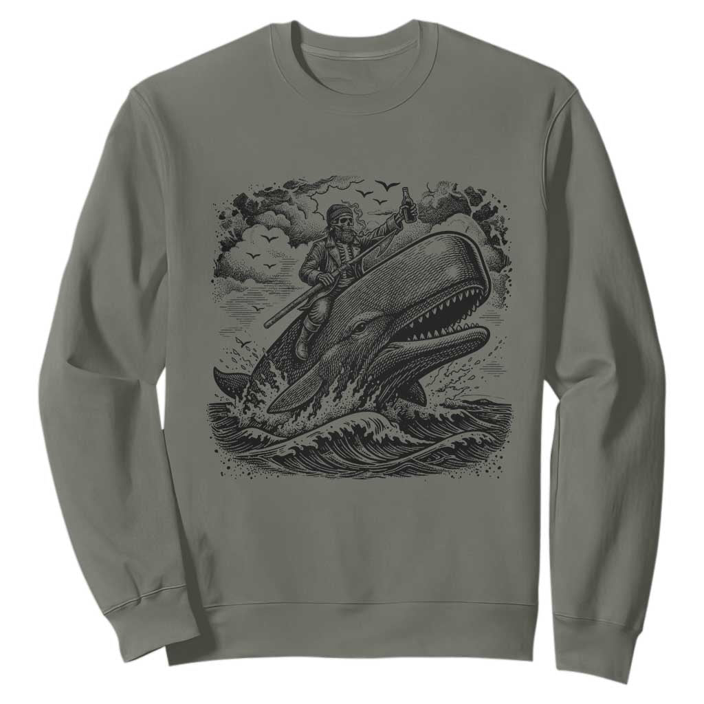 Funny Skeleton Whale Rider Sweatshirt Dark Maritime Gothic Vintage Nautical Graphic TS12 Military Green Print Your Wear