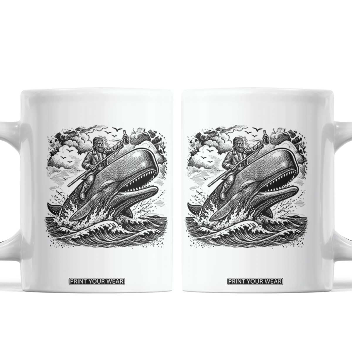 Funny Skeleton Whale Rider Coffee Mug Dark Maritime Gothic Vintage Nautical Graphic TS12 White Print Your Wear