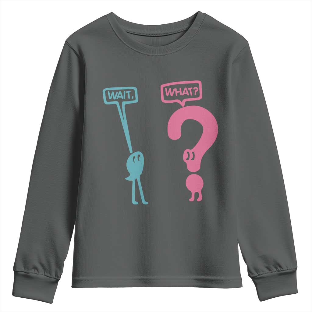 Wait What Grammar English Teacher Youth Sweatshirt Funny Punctuation Gift TS12 Dark Heather Print Your Wear