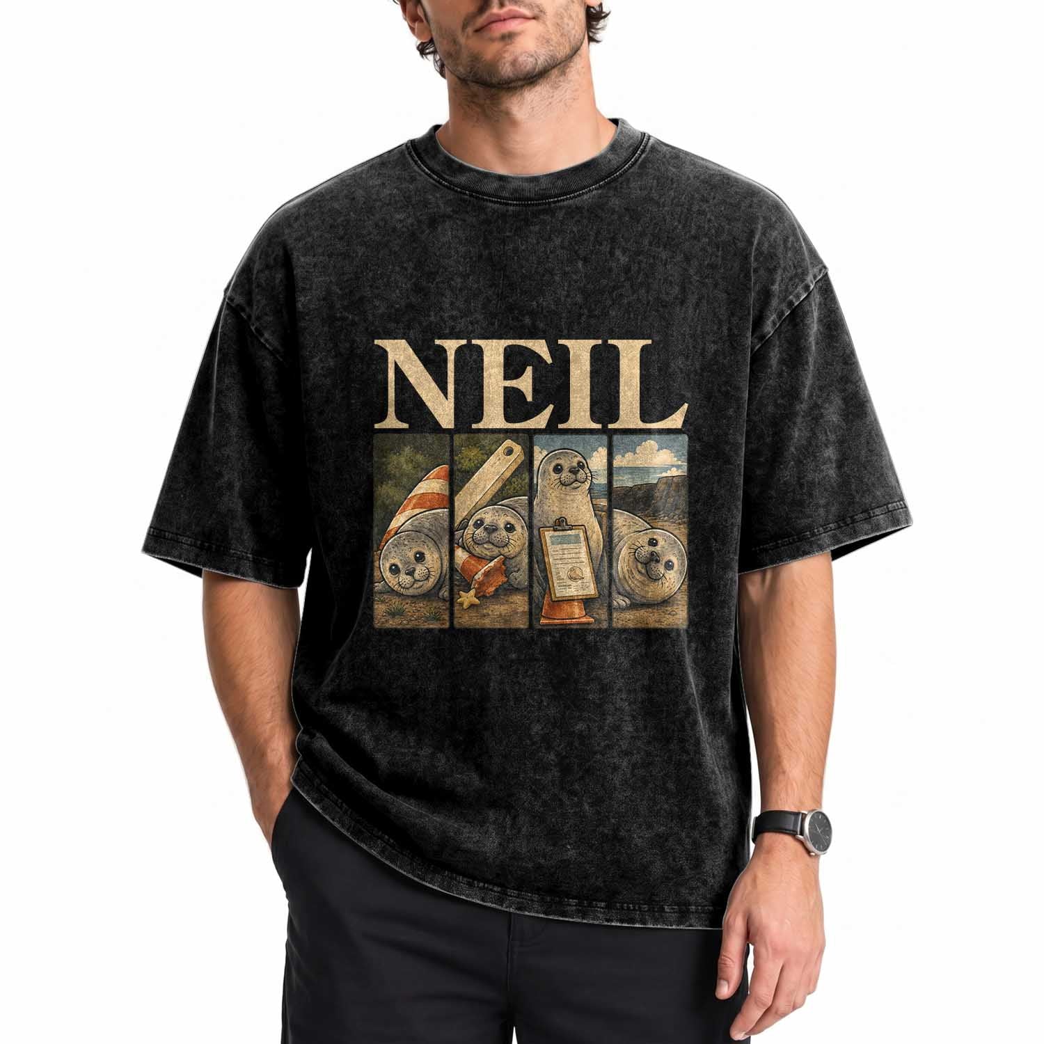Funny Neil The Seal Washed Cotton T-Shirt Viral Ocean Animal Meme Graphic