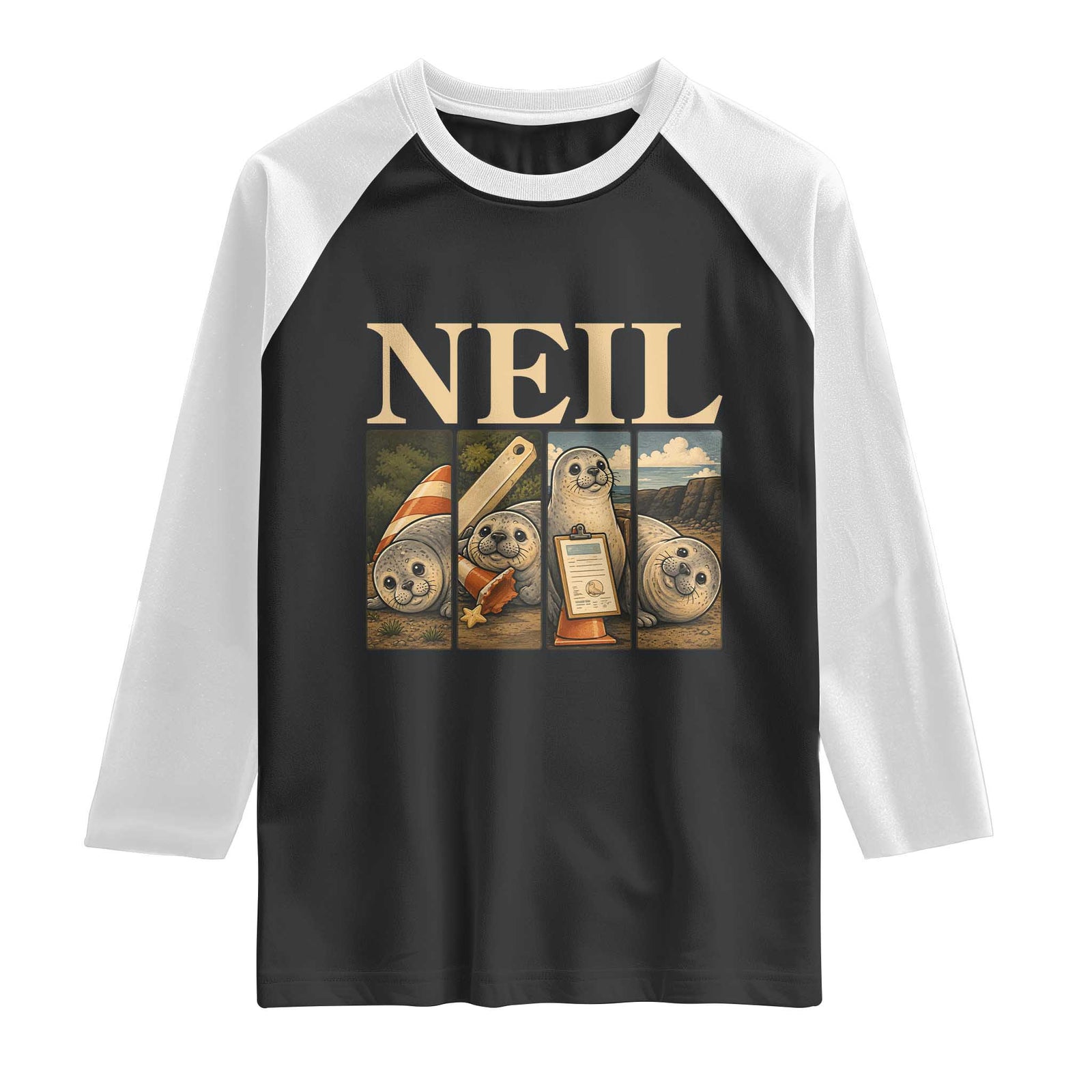 Funny Neil The Seal Raglan Shirt Viral Ocean Animal Meme Graphic TS12 Black White Print Your Wear