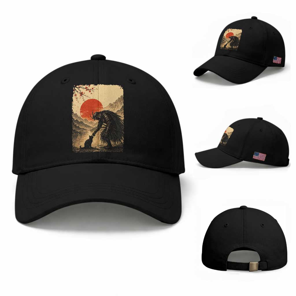 Vintage Japanese Art Samurai Warrior Black Cat Baseball Cap Ukiyoe Style Boop Meme TS12 Baseball Cap Universal Fit Black Print Your Wear
