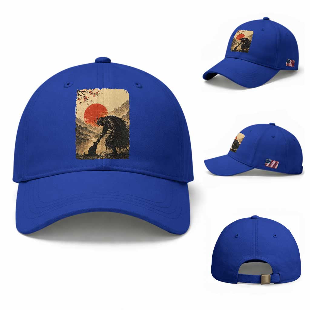 Vintage Japanese Art Samurai Warrior Black Cat Baseball Cap Ukiyoe Style Boop Meme TS12 Baseball Cap Universal Fit Royal Blue Print Your Wear